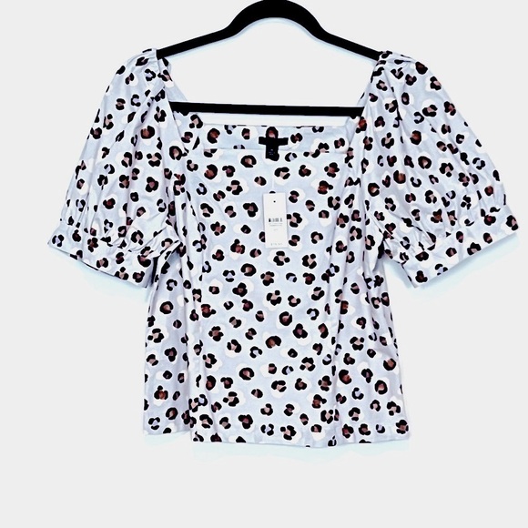 NWT Ann Taylor Leopard Print Blue Square Neck Puff sleeve Top XS - Picture 1 of 7
